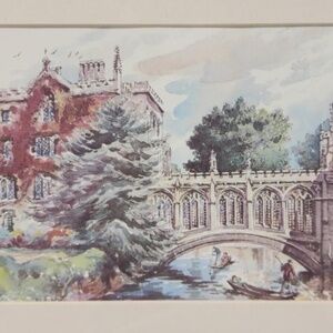 Art Boats under Bridge Connecting 2 Buildings Matted Frame Print Home/Office Dec